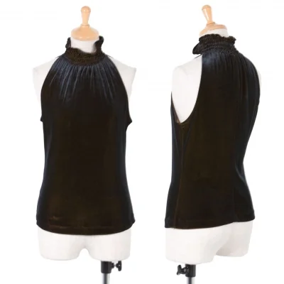 ダナキャランDKNY ギャザーネックベロアノースリーブトップス 黒カラシ色