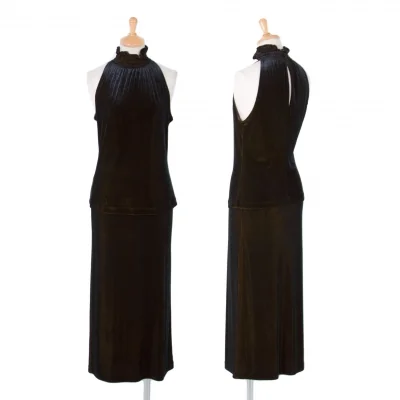 ダナキャランDKNY ギャザーネックベロアノースリーブセットアップ 黒カラシ色