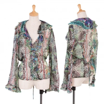 ケンゾージーンズKENZO jeans バタフライプリントシースルーフリルシャツ グリーンマルチ