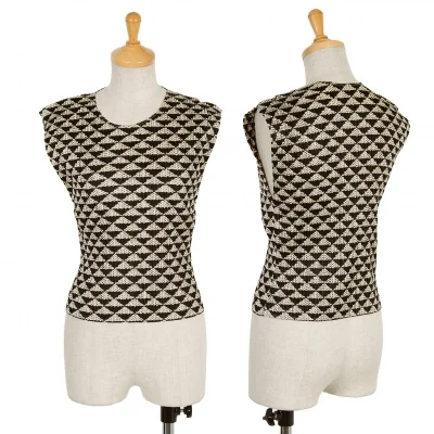 プリーツプリーズPLEATS PLEASE プリーツトライアングルプリントノースリーブ 黒アイボリー