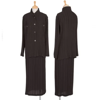 ヒロコビスHIROKO BIS ポリプリーツセットアップ こげ茶