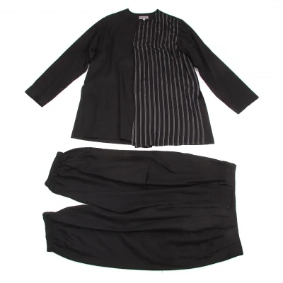 ヨウジヤマモト プールオムYohji Yamamoto POUR HOMME コットンリネンストライプ切替二枚仕立てノーカラーセットアップ