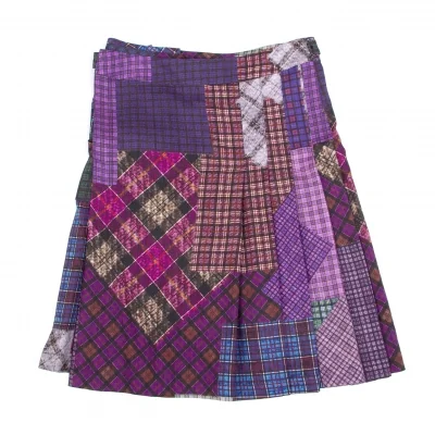 新品!ヨウジヤマモトプールオムYohji Yamamoto pour homme 阪急メンズ限定パッチワーク格子柄プリントウールギャバプリーツスカート 紫他 パープル