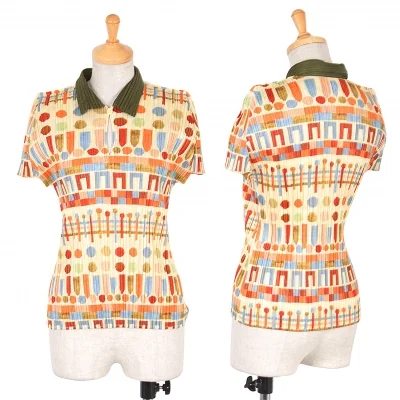 プリーツプリーズPLEATS PLEASE 図形プリント半袖スキッパーシャツ クリーム緑他