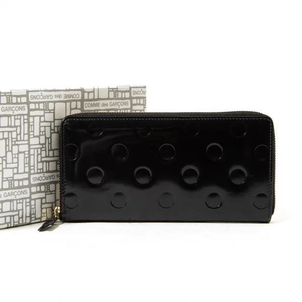 コムデギャルソン 財布 型押し 黒 箱付き 美品 コムデギャルソンCOMME des GARCONS ドット型押しエナメルレザー長財布