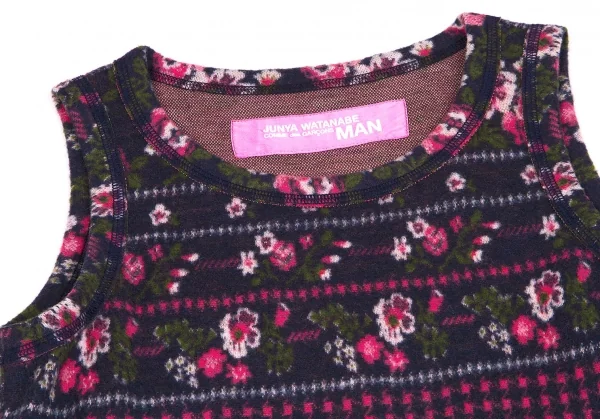 【SALE】ジュンヤワタナベマンピンク コムデギャルソンJUNYA WATANABE MAN PINK COMME des GARCONS フリンジカットフラワープリントノースリーブワンピース 紺ピンクカーキM位 K-58009_004