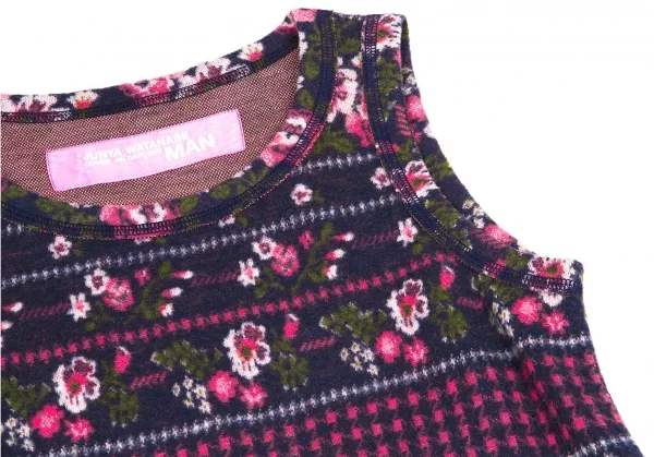 【SALE】ジュンヤワタナベマンピンク コムデギャルソンJUNYA WATANABE MAN PINK COMME des GARCONS フリンジカットフラワープリントノースリーブワンピース 紺ピンクカーキM位 K-58009_005