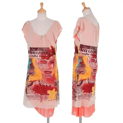 【SALE】ジャンポールゴルチエ ファムJean Paul GAULTIER FEMME 絵画風プリントパワーネットレイヤードワンピース ピンク黄青他