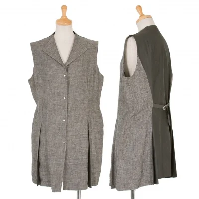 ヒロココシノHIROKO KOSHINO リネンヘリンボーンロングベスト グレー