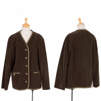 【SALE】マドモアゼルノンノンMademoiselle NON NON ノーカラーパイピングコーデュロイジャケット こげ茶