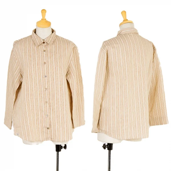 【SALE】マドモアゼルノンノンMademoiselle NON NON 混紡ストライプ七分袖シャツ ベージュ茶紺40（L) K-58575_001