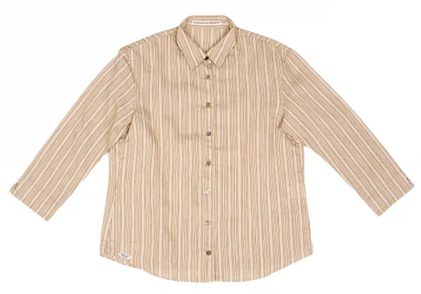【SALE】マドモアゼルノンノンMademoiselle NON NON 混紡ストライプ七分袖シャツ ベージュ茶紺40（L) K-58575_002