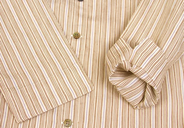 【SALE】マドモアゼルノンノンMademoiselle NON NON 混紡ストライプ七分袖シャツ ベージュ茶紺40（L) K-58575_005