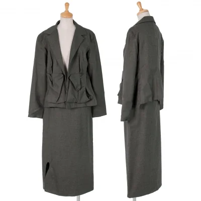 ヨウジヤマモトファムYohji Yamamoto FEMME ウールポケットデザインボタンレスセットアップスーツ グレー
