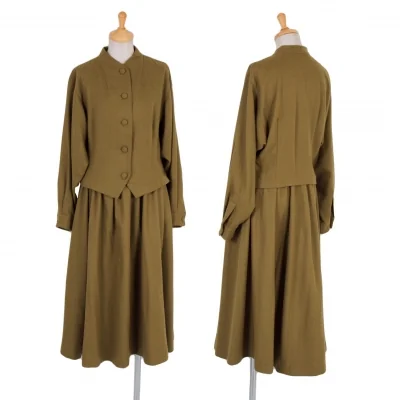 【SALE】ヨシエイナバYOSHIE INABA アンゴラ混ノーカラーセットアップ モカブラウン