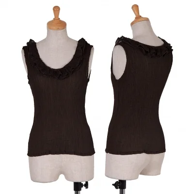 イッセイミヤケミーISSEY MIYAKE me フリルネックプリーツタンクトップ こげ茶