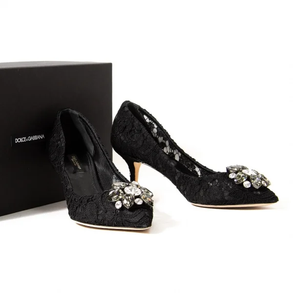 DOLCE&GABBANA ドルガバ　ビジュー　クリスタル　レース　パンプス ドルチェ&ガッバーナDOLCE&GABBANA ビジュー装飾レースパンプス 黒37