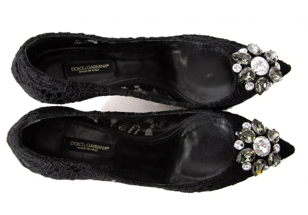 ドルチェ&ガッバーナDOLCE&GABBANA ビジュー装飾レースパンプス 黒37