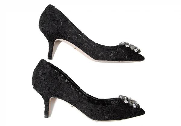 ドルチェ&ガッバーナDOLCE&GABBANA ビジュー装飾レースパンプス 黒37