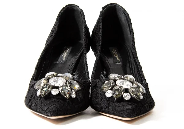 ドルチェ&ガッバーナDOLCE&GABBANA ビジュー装飾レースパンプス 黒37