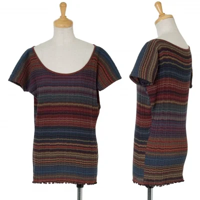 【SALE】ヨーガンレールJURGEN LEHL プリーツリブグラデーションボーダーTシャツ エンジ紫マルチ