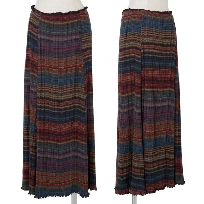 【SALE】ヨーガンレールJURGEN LEHL プリーツリブグラデーションボーダースカート エンジ紫マルチ