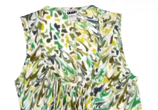 【SALE】イッセイミヤケ フェットISSEY MIYAKE FETE コットンプリントフロントギャザーノースリーブトップス 濃淡グリーンオフ2 K-61847_003