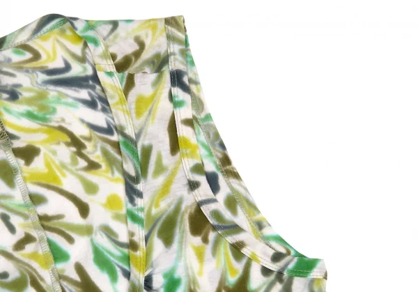 【SALE】イッセイミヤケ フェットISSEY MIYAKE FETE コットンプリントフロントギャザーノースリーブトップス 濃淡グリーンオフ2 K-61847_004