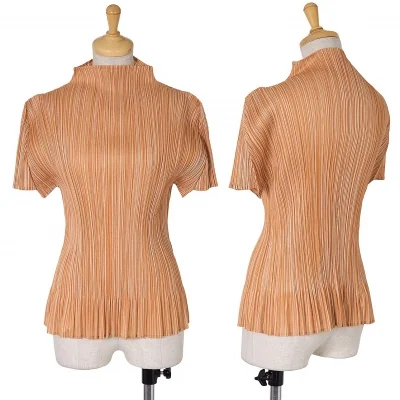 プリーツプリーズPLEATS PLEASE 裾フレアプリーツハイネック半袖トップス 淡オレンジ