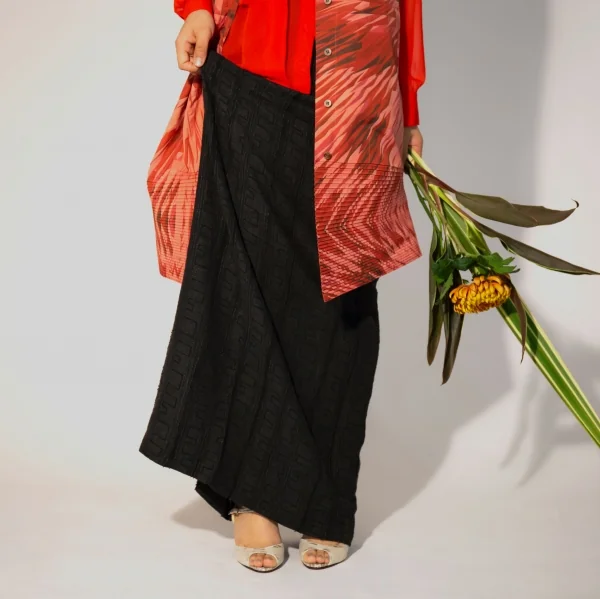 【SALE】ヨウジヤマモト ファムYohji Yamamoto FEMME リネンレーヨン幾何学模様スリットスカート グレー黒SS K-62385_011