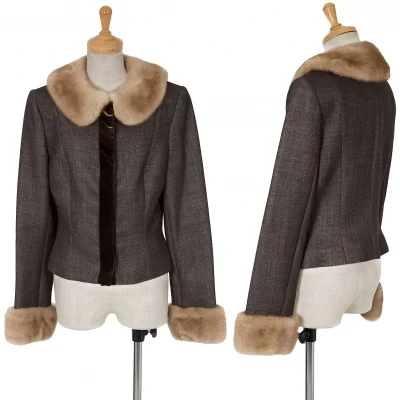 フォクシーブティック FOXEY BOUTIQUE ミンクファー衿脱着スナップボタンウールジャケット 茶