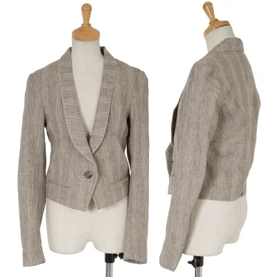 【SALE】ケンゾーKENZO リネングレンチェックショールカラーショートジャケット 茶ベージュ水色他