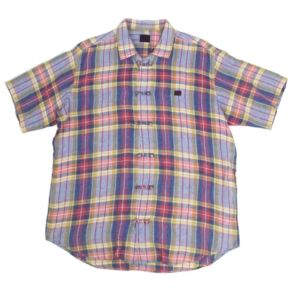 【SALE】パパスPapas リネンマドラスチェックチャイナボタン半袖シャツ 淡紺赤黄他 マルチL K-62958_001
