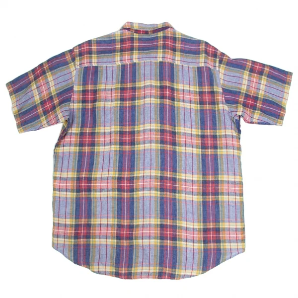 【SALE】パパスPapas リネンマドラスチェックチャイナボタン半袖シャツ 淡紺赤黄他 マルチL K-62958_010