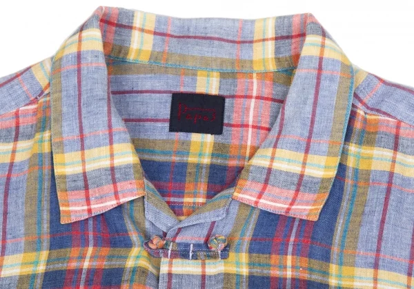 【SALE】パパスPapas リネンマドラスチェックチャイナボタン半袖シャツ 淡紺赤黄他 マルチL K-62958_002