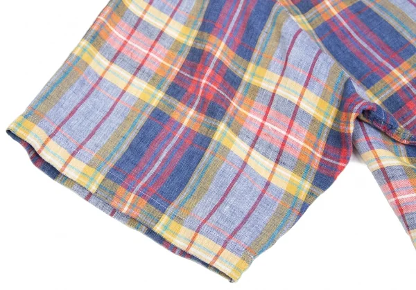 【SALE】パパスPapas リネンマドラスチェックチャイナボタン半袖シャツ 淡紺赤黄他 マルチL K-62958_006