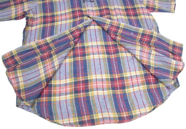 【SALE】パパスPapas リネンマドラスチェックチャイナボタン半袖シャツ 淡紺赤黄他 マルチL K-62958_009