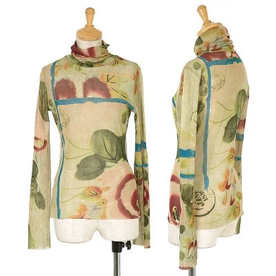 ジャンポールゴルチエ ファムJean Paul GAULTIER FEMME 水彩画プリントタートルネックパワーネットトップス 黄緑マルチ