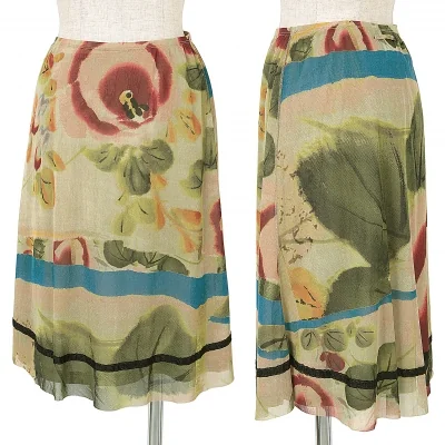 ジャンポールゴルチエ ファムJean Paul GAULTIER FEMME 水彩画プリントパワーネットスカート 黄緑マルチ