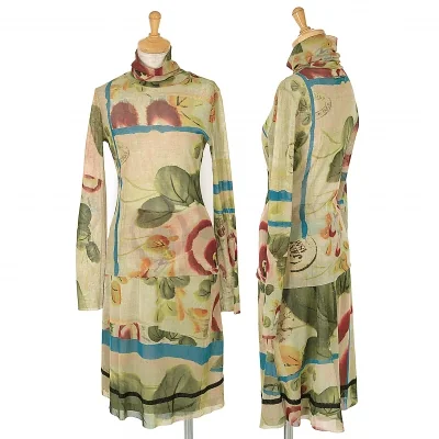 ジャンポールゴルチエ ファムJean Paul GAULTIER FEMME 水彩画プリントタートルネックパワーネットセットアップ 黄緑マルチ