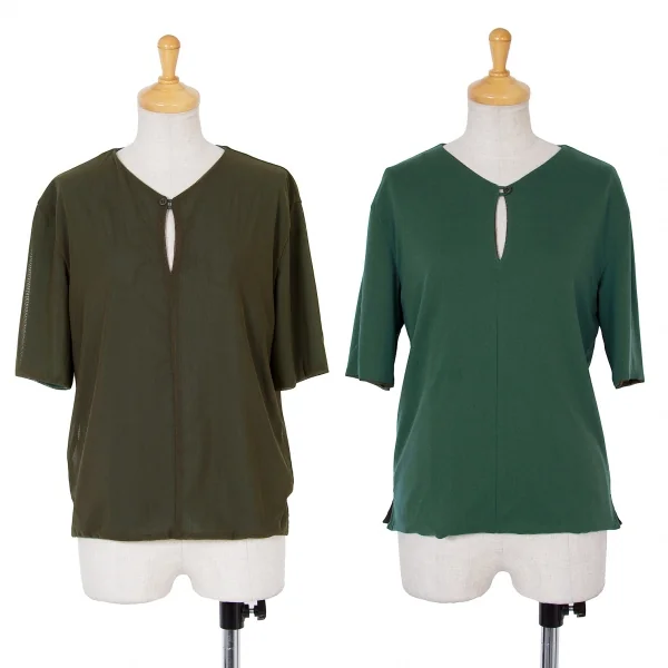 【SALE】ワイズY's リバーシブルネット半袖ボタンネックカットソー カーキ緑M位 K-63425_001