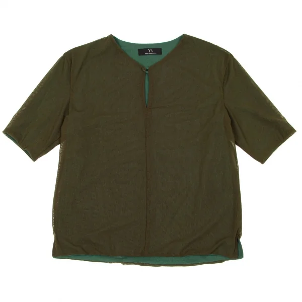 【SALE】ワイズY's リバーシブルネット半袖ボタンネックカットソー カーキ緑M位 K-63425_003