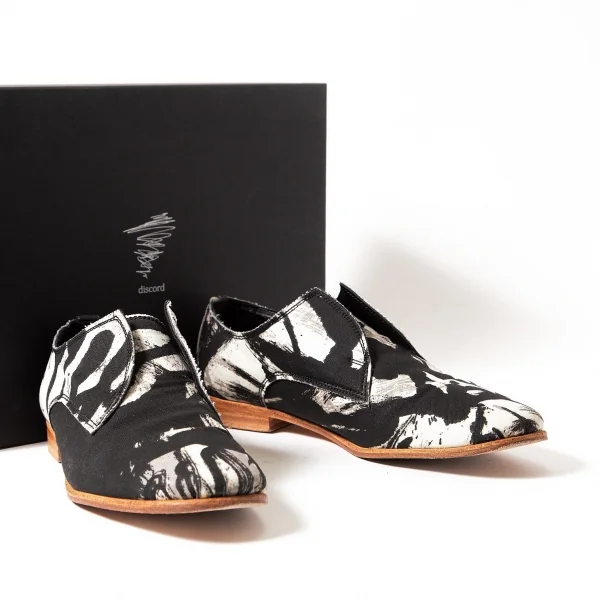 【SALE】ヨウジヤマモトディスコード Yohji yamamoto discord グラフィックキャンバススリッポン 黒白2（22.5位） K-63851_001