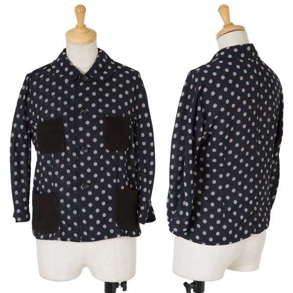 【SALE】コムコム コムデギャルソンCOMME des GARCONS フリースポケットドットポリシフォンブラウス 紺グレーXS K-63876_001