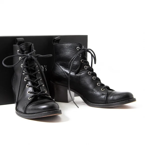 【SALE】ワイズY's レザーチャンキーヒールアンクルブーツ 黒2（22.5位） K-64194_001