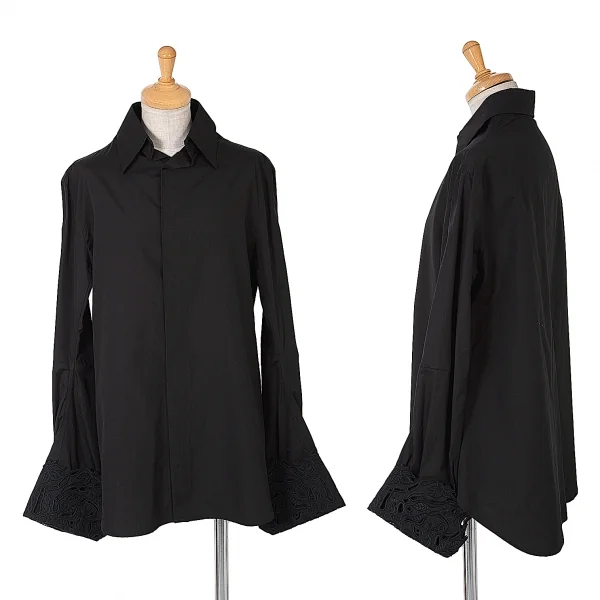 新品!【SALE】新品！ヨウジヤマモト ファムYohji Yamamoto FEMME コットンエンブロイダリーレースカフスブラウス 黒紺2 K-64464_001