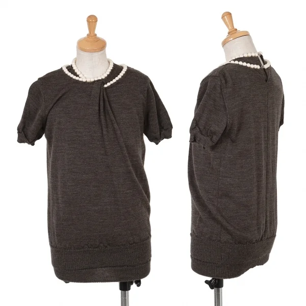 【SALE】ジュンヤワタナベ コムデギャルソンJUNYA WATANABE COMME des GARCONS ネックパール装飾レイヤード半袖ニット 杢モカM位 K-65031_001