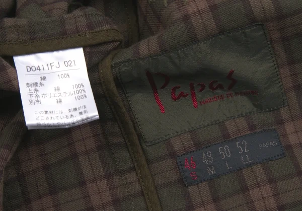 【SALE】パパスPapas コットンロゴ刺繍チェックテーラードジャケット カーキモカS K-65175_017