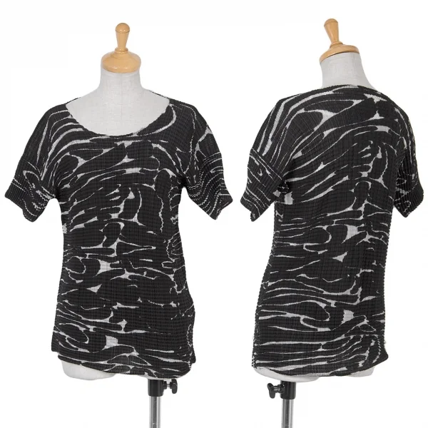 【SALE】イッセイミヤケISSEY MIYAKE モノクロプリントボックスプリーツハイネックTシャツ 黒白L K-65321_001