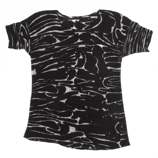 【SALE】イッセイミヤケISSEY MIYAKE モノクロプリントボックスプリーツハイネックTシャツ 黒白L K-65321_002